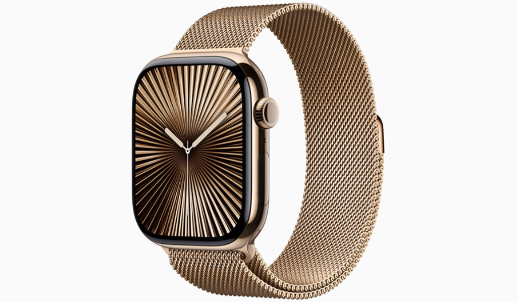 Apple Watch Series 10 is available in an aerospace-grade polished titanium that replaces the stainless steel of previous generations, and comes in three stunning colors: natural, gold (pictured), and slate.