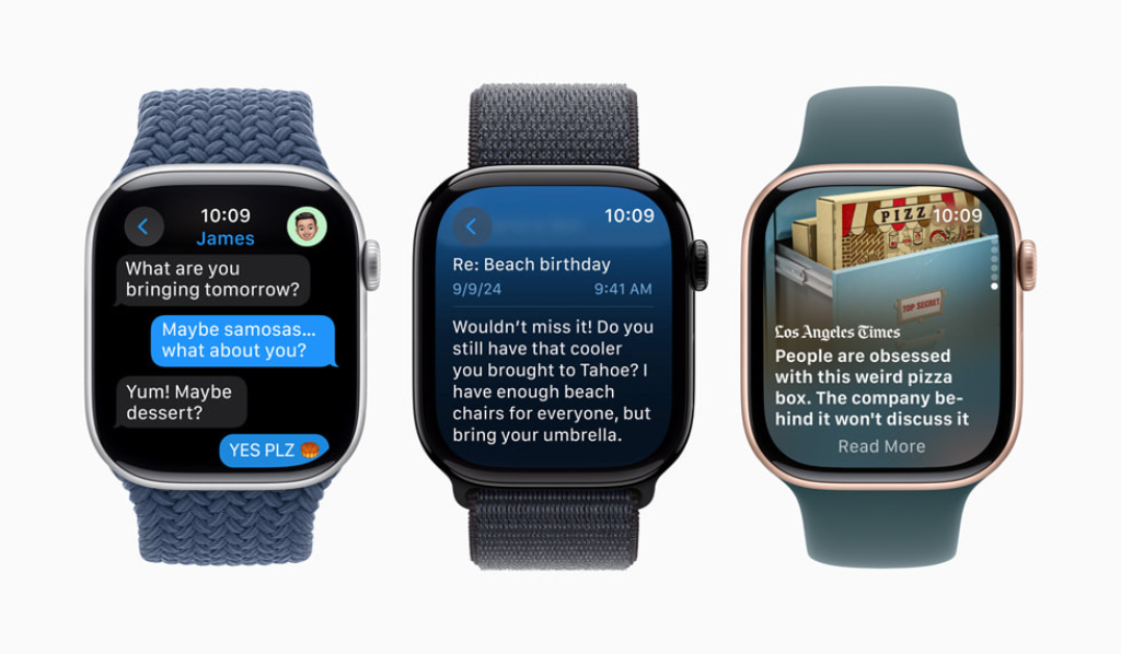 Apple Watch Series 10 features the biggest and most advanced display of any Apple Watch, improving readability and usability in apps like Messages, Mail, or News.