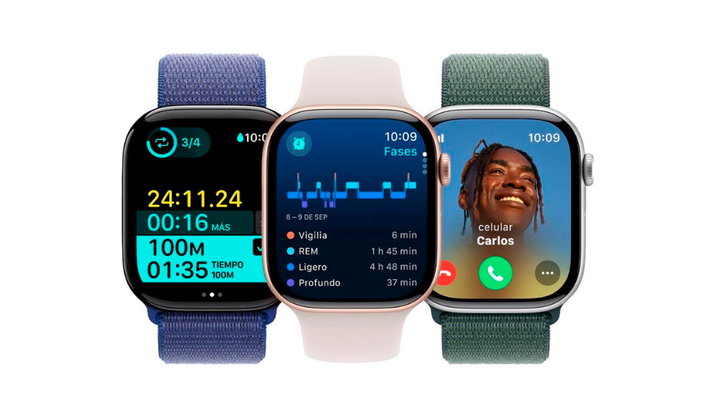 Apple Watch S10 con varias correas y triple foto