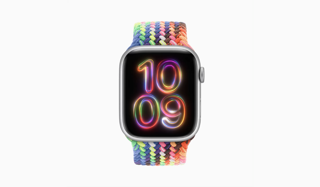 :The new Pride Edition Braided Solo Loop evokes the strength and beauty of the LGBTQ+ community with a vibrant, fluorescent design inspired by multiple pride flags, while the Pride Radiance watch face can be personalized with a spectrum of colors.