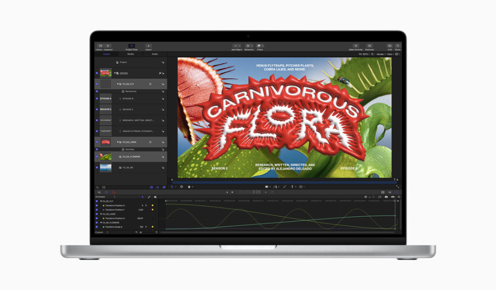 Con el chip M2 Pro, las animaciones en Motion se renderizan un 80% más rápido que en una MacBook Pro con procesador Intel y hasta un 20% más rápido que en la generación anterior.